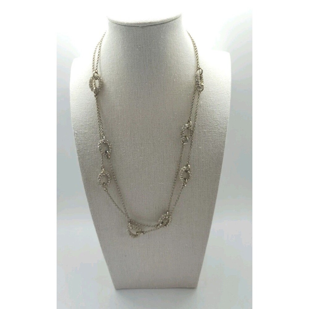 Long Ann Taylor 40" Rhinestone Pave Crystal Necklace VIntage Silver Tone Boho
